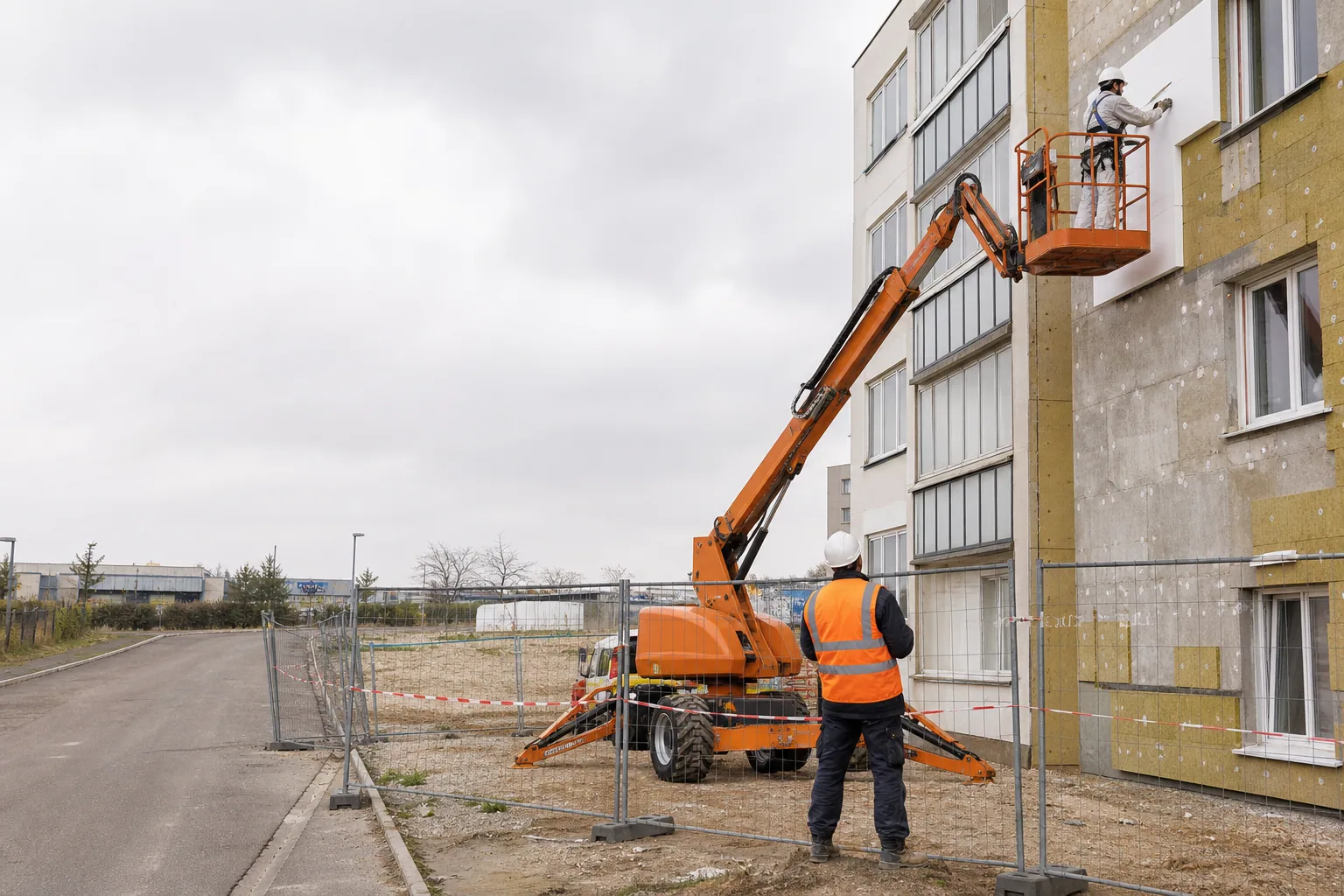 Une nacelle élévatrice orange intervient sur un bâtiment avec un technicien dans le panier et un opérateur au sol, dans le secteur de Mantes-la-Jolie.