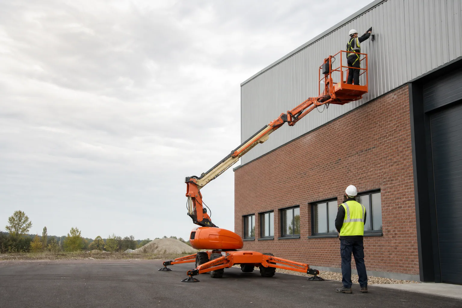 Une nacelle élévatrice orange intervient sur un bâtiment avec un technicien dans le panier et un opérateur au sol, dans le secteur de Maubeuge.