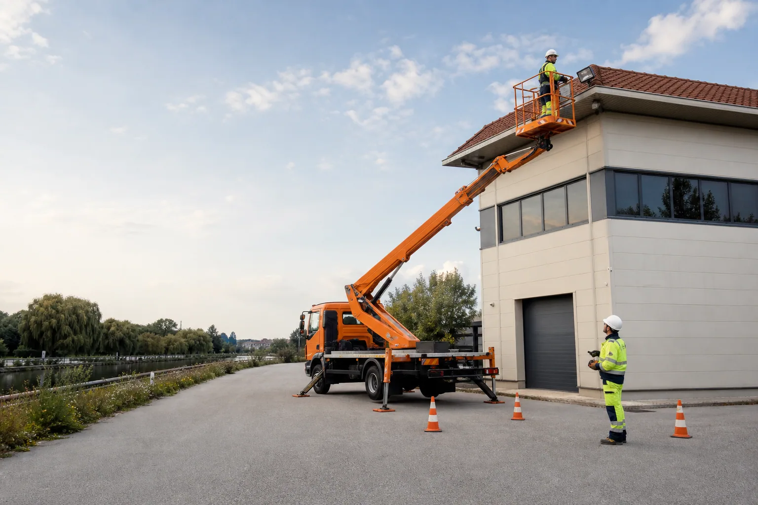 Une nacelle élévatrice orange intervient sur un bâtiment avec un technicien dans le panier et un opérateur au sol, dans le secteur de Meaux.