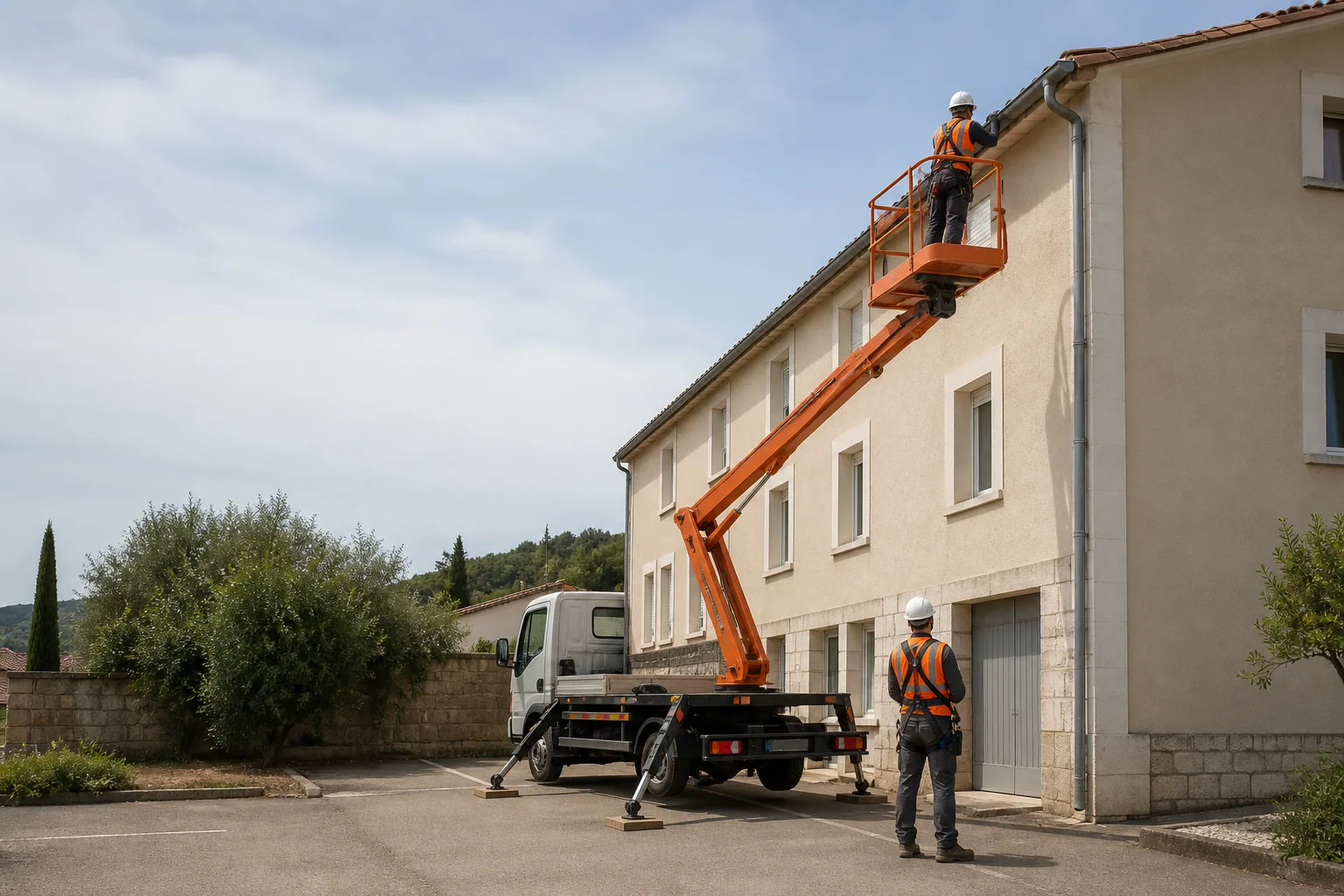 Une nacelle élévatrice orange intervient sur un bâtiment avec un technicien dans le panier et un opérateur au sol, dans le secteur de Mende.