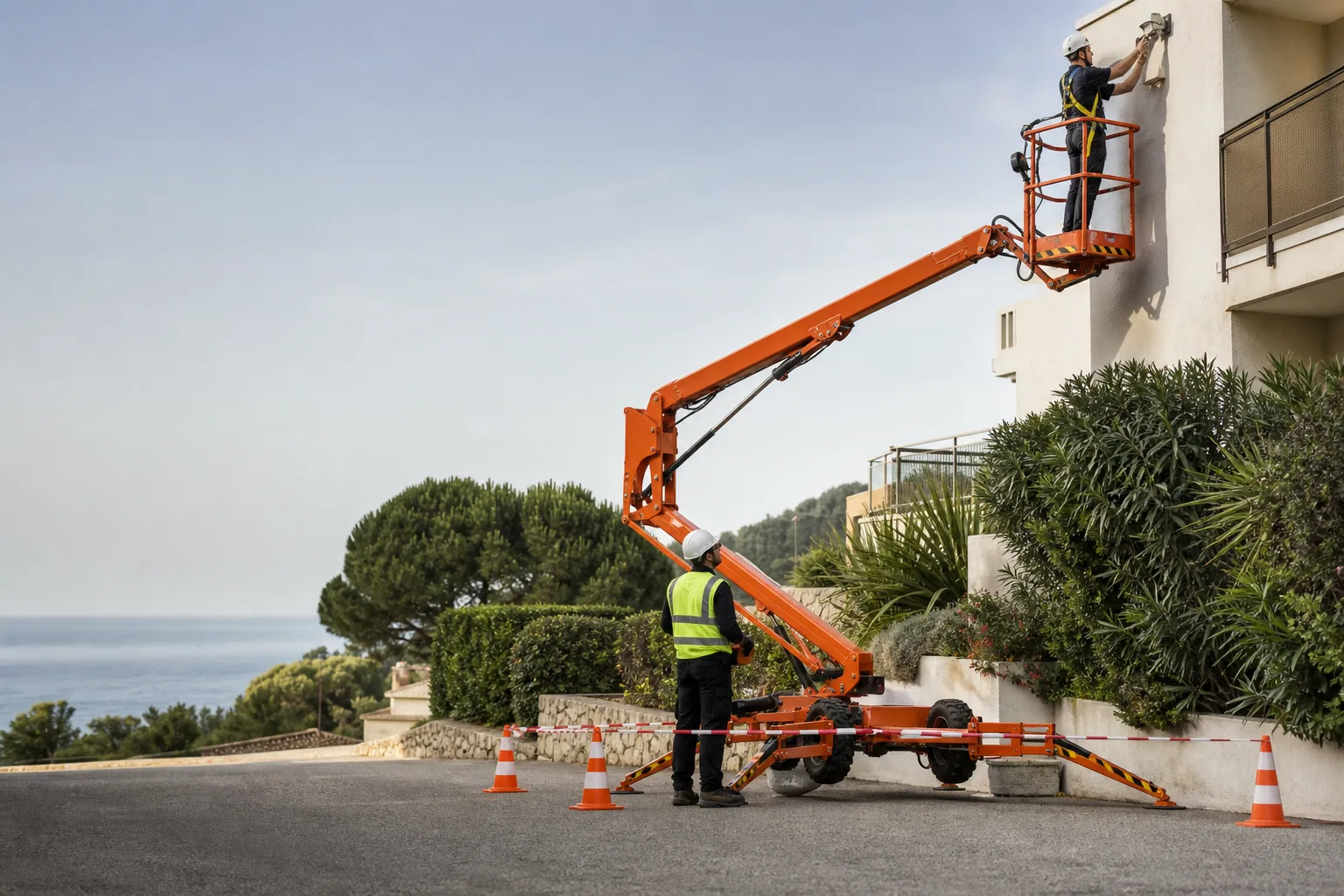 Une nacelle élévatrice orange intervient sur un bâtiment avec un technicien dans le panier et un opérateur au sol, dans le secteur de Menton.