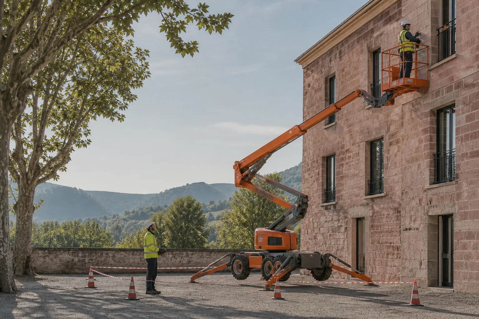 Une nacelle élévatrice orange intervient sur un bâtiment avec un technicien dans le panier et un opérateur au sol, dans le secteur de Millau.