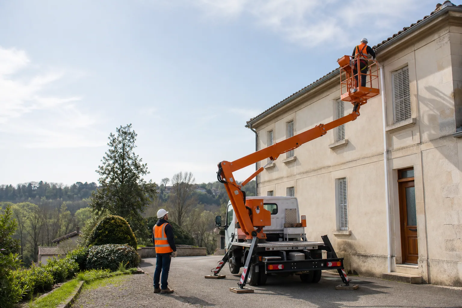 Une nacelle élévatrice orange intervient sur un bâtiment avec un technicien dans le panier et un opérateur au sol, dans le secteur de Mont-de-Marsan.