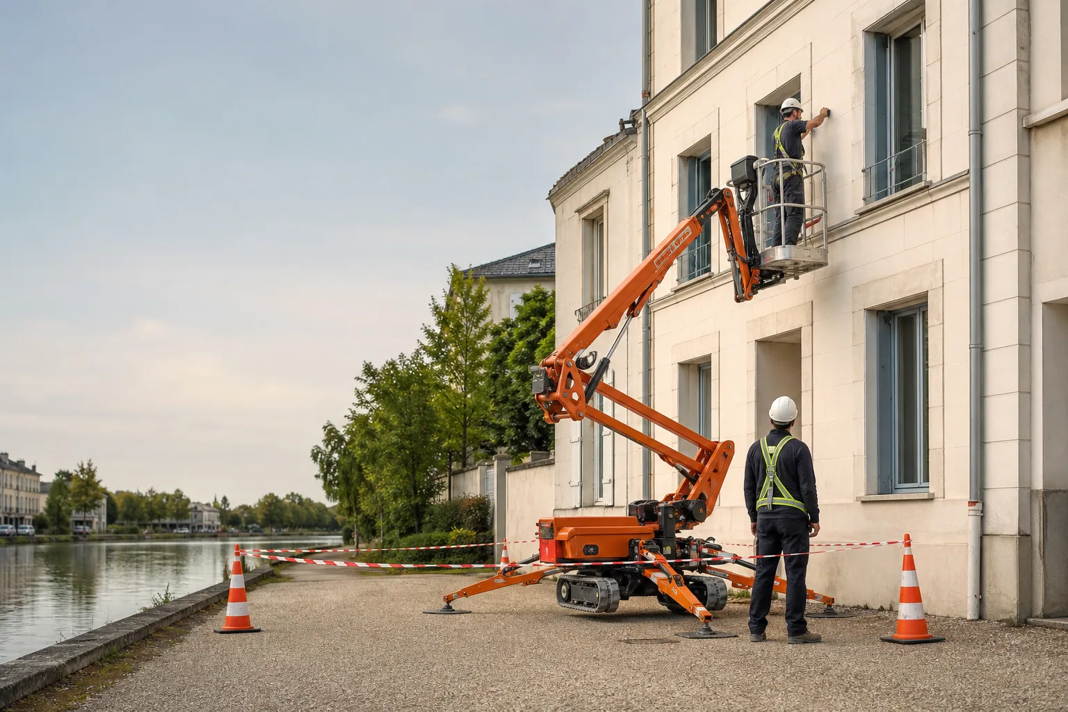 Une nacelle élévatrice orange intervient sur un bâtiment avec un technicien dans le panier et un opérateur au sol, dans le secteur de Montargis.