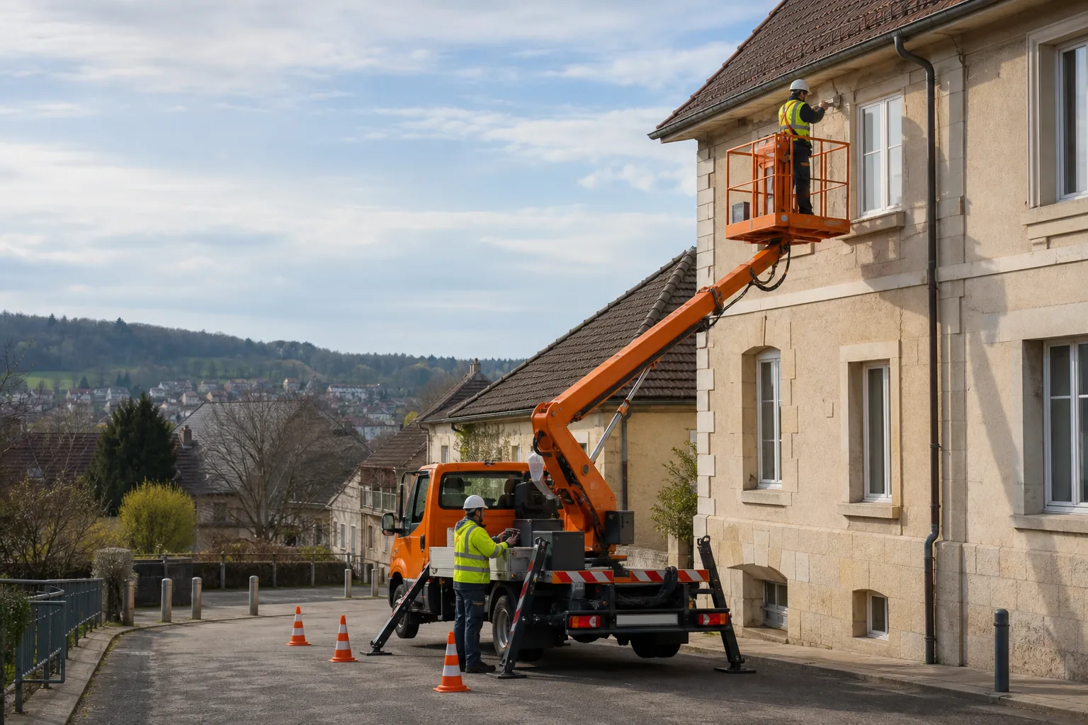 Une nacelle élévatrice orange intervient sur un bâtiment avec un technicien dans le panier et un opérateur au sol, dans le secteur de Montbéliard.