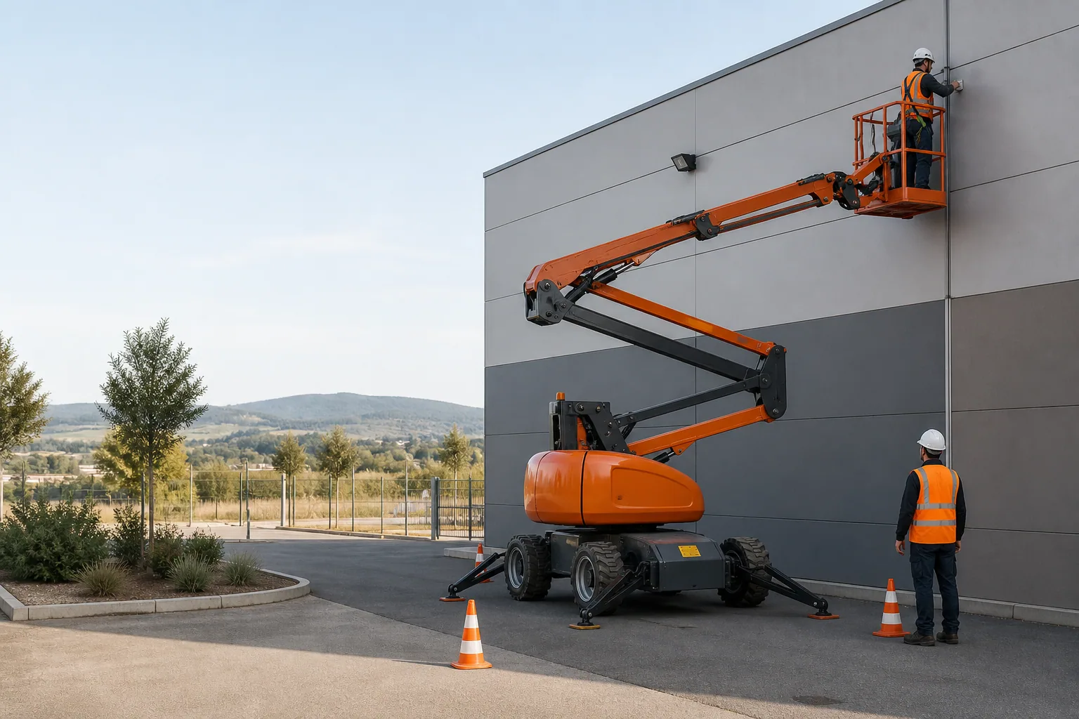 Une nacelle élévatrice orange intervient sur un bâtiment avec un technicien dans le panier et un opérateur au sol, dans le secteur de Montélimar.