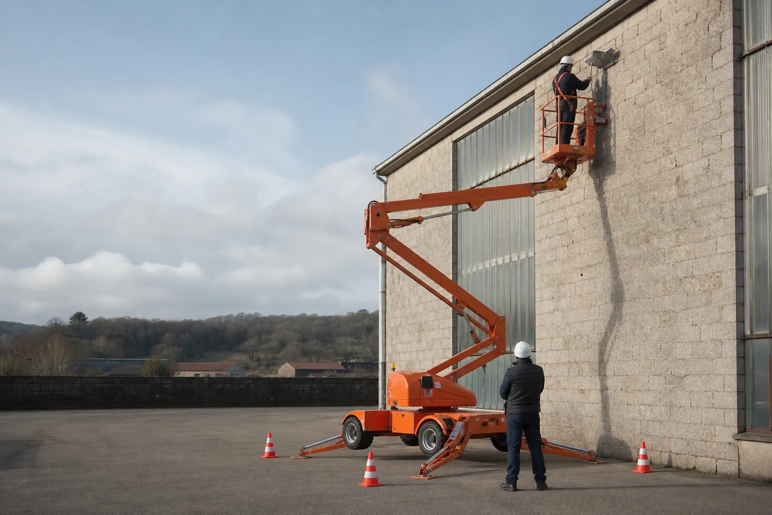 Une nacelle élévatrice orange intervient sur un bâtiment avec un technicien dans le panier et un opérateur au sol, dans le secteur de Montluçon.