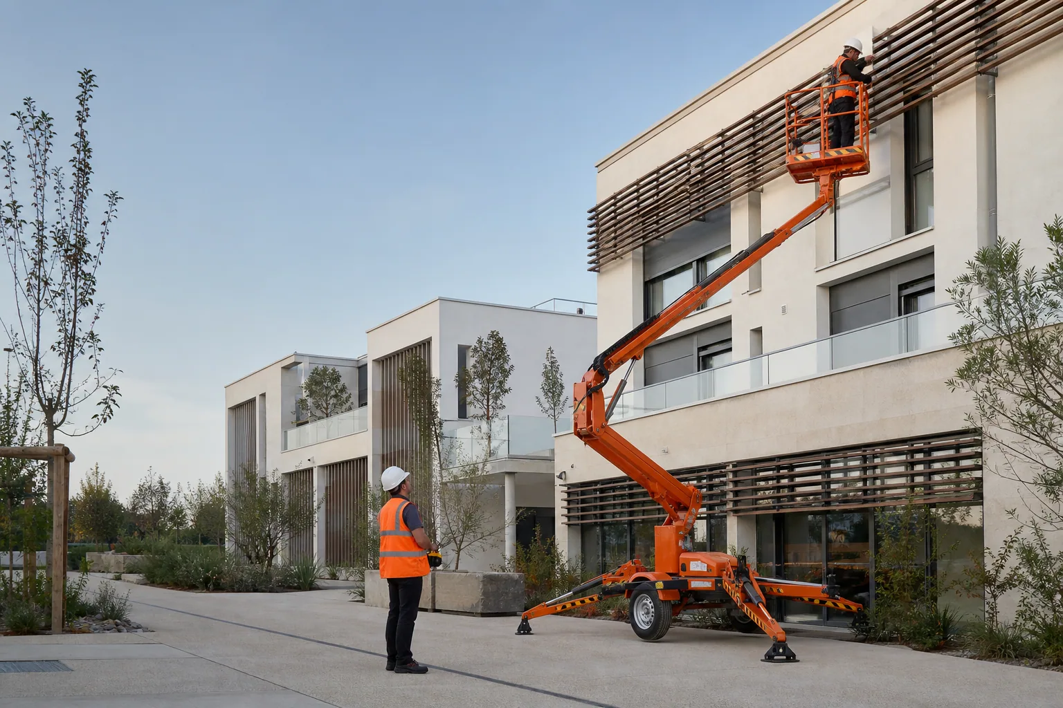 Une nacelle élévatrice orange intervient sur un bâtiment avec un technicien dans le panier et un opérateur au sol, dans le secteur de Montpellier.