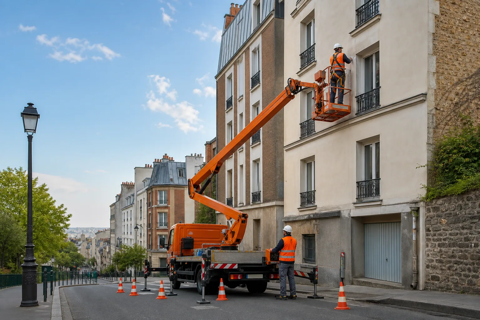 Une nacelle élévatrice orange intervient sur un bâtiment avec un technicien dans le panier et un opérateur au sol, dans le secteur de Montreuil.