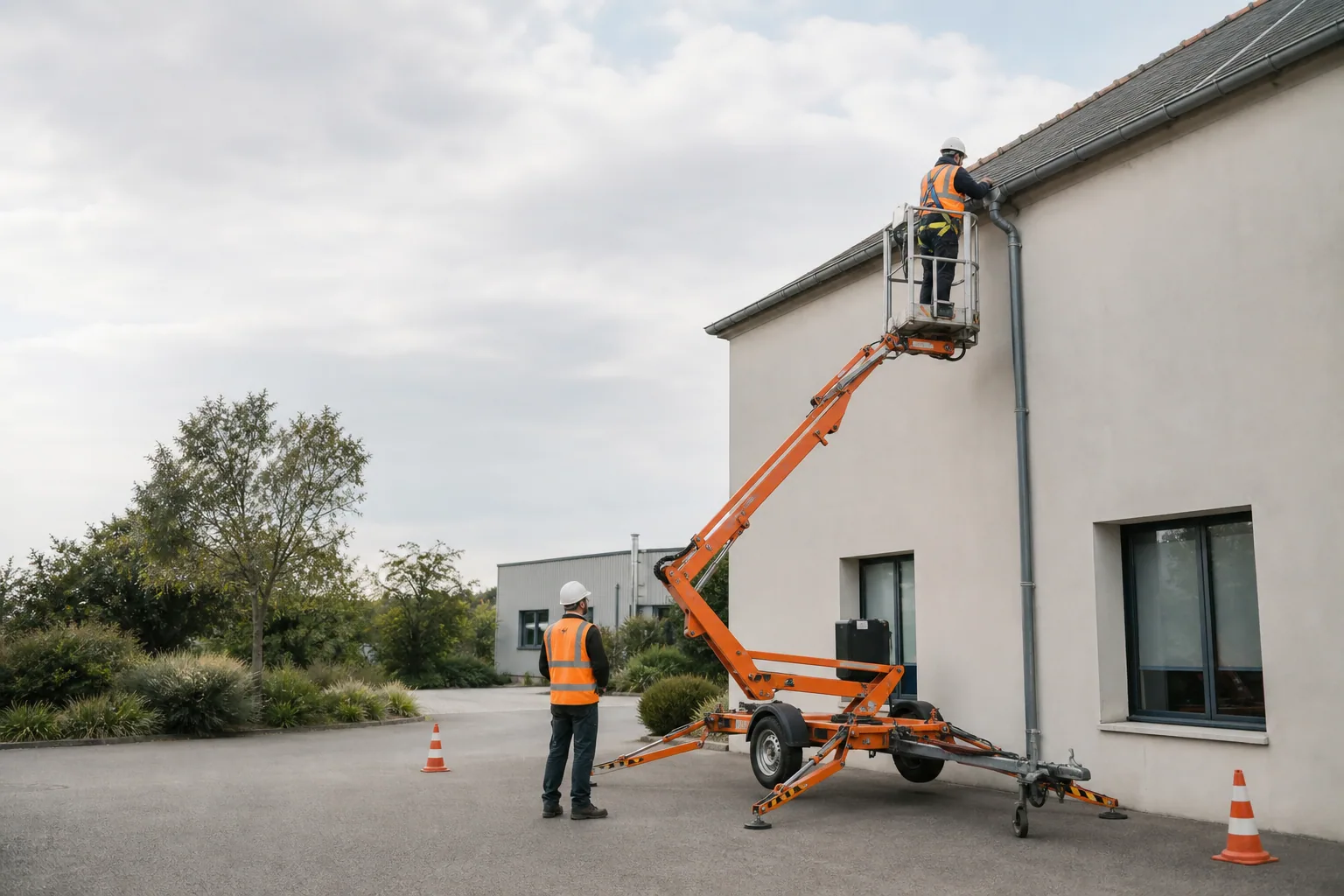 Une nacelle élévatrice orange intervient sur un bâtiment avec un technicien dans le panier et un opérateur au sol, dans le secteur de Morlaix.