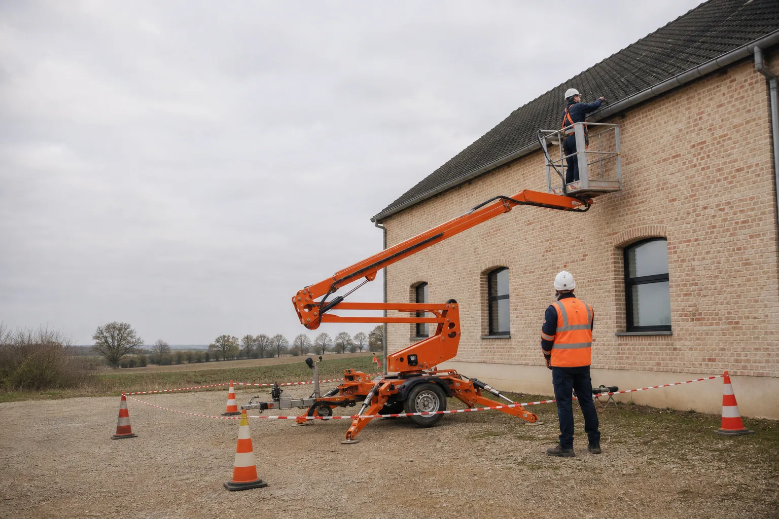 Une nacelle élévatrice orange intervient sur un bâtiment avec un technicien dans le panier et un opérateur au sol, dans le secteur de Moulins.