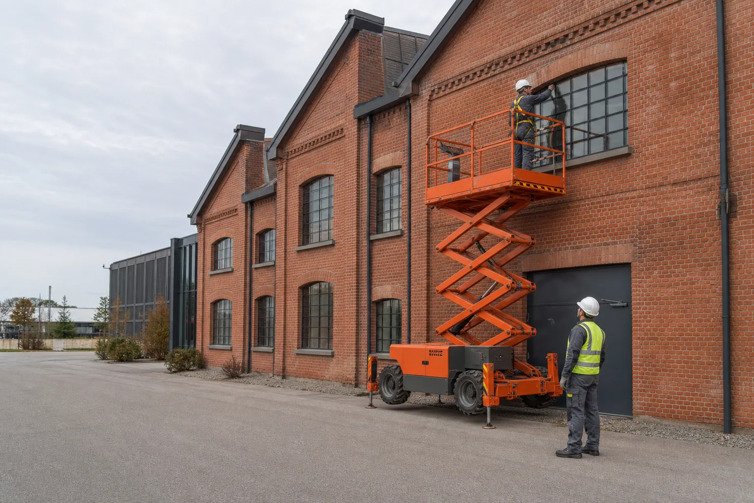 Une nacelle élévatrice orange intervient sur un bâtiment avec un technicien dans le panier et un opérateur au sol, dans le secteur de Mulhouse.