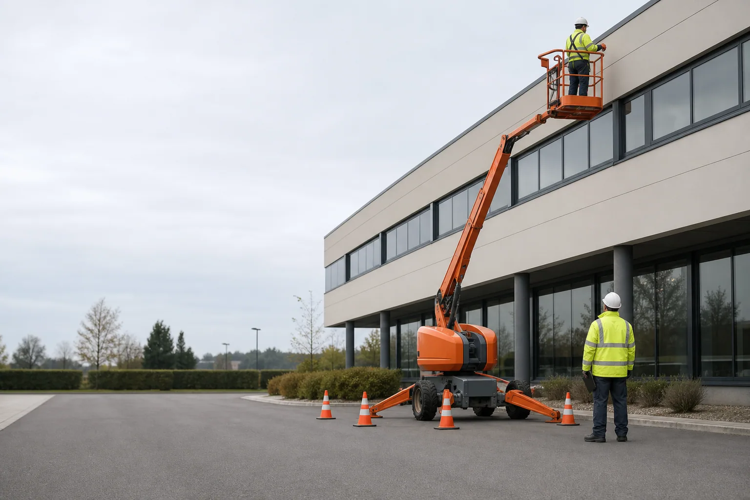 Une nacelle élévatrice orange intervient sur un bâtiment avec un technicien dans le panier et un opérateur au sol, dans le secteur de Nancy.