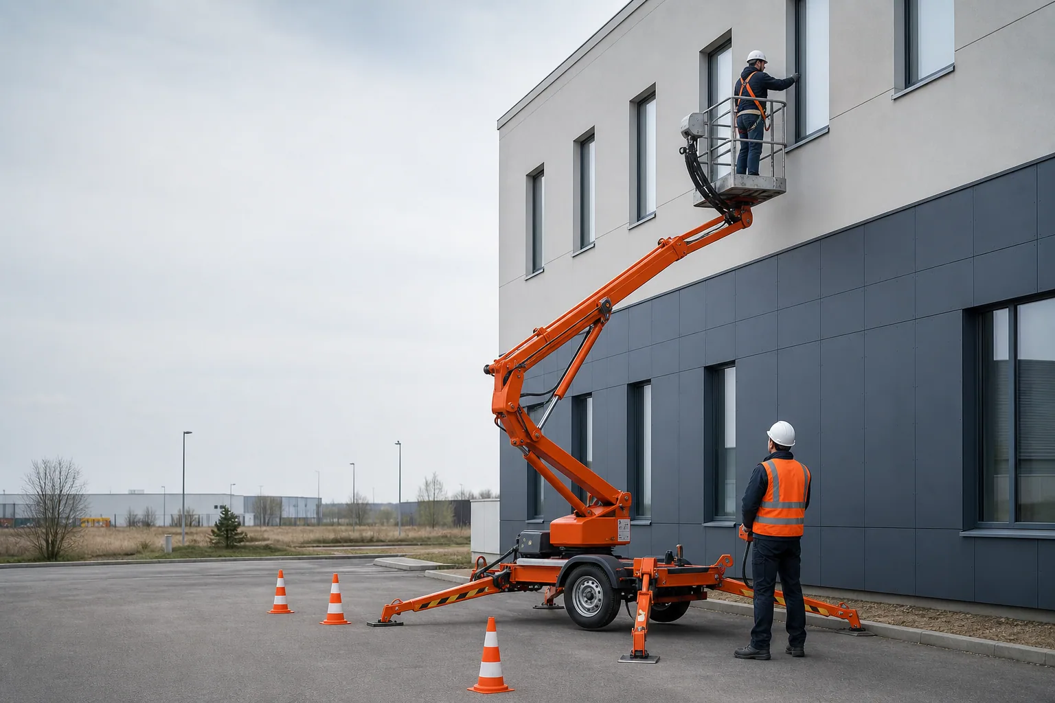 Une nacelle élévatrice orange intervient sur un bâtiment avec un technicien dans le panier et un opérateur au sol, dans le secteur de Nantes.