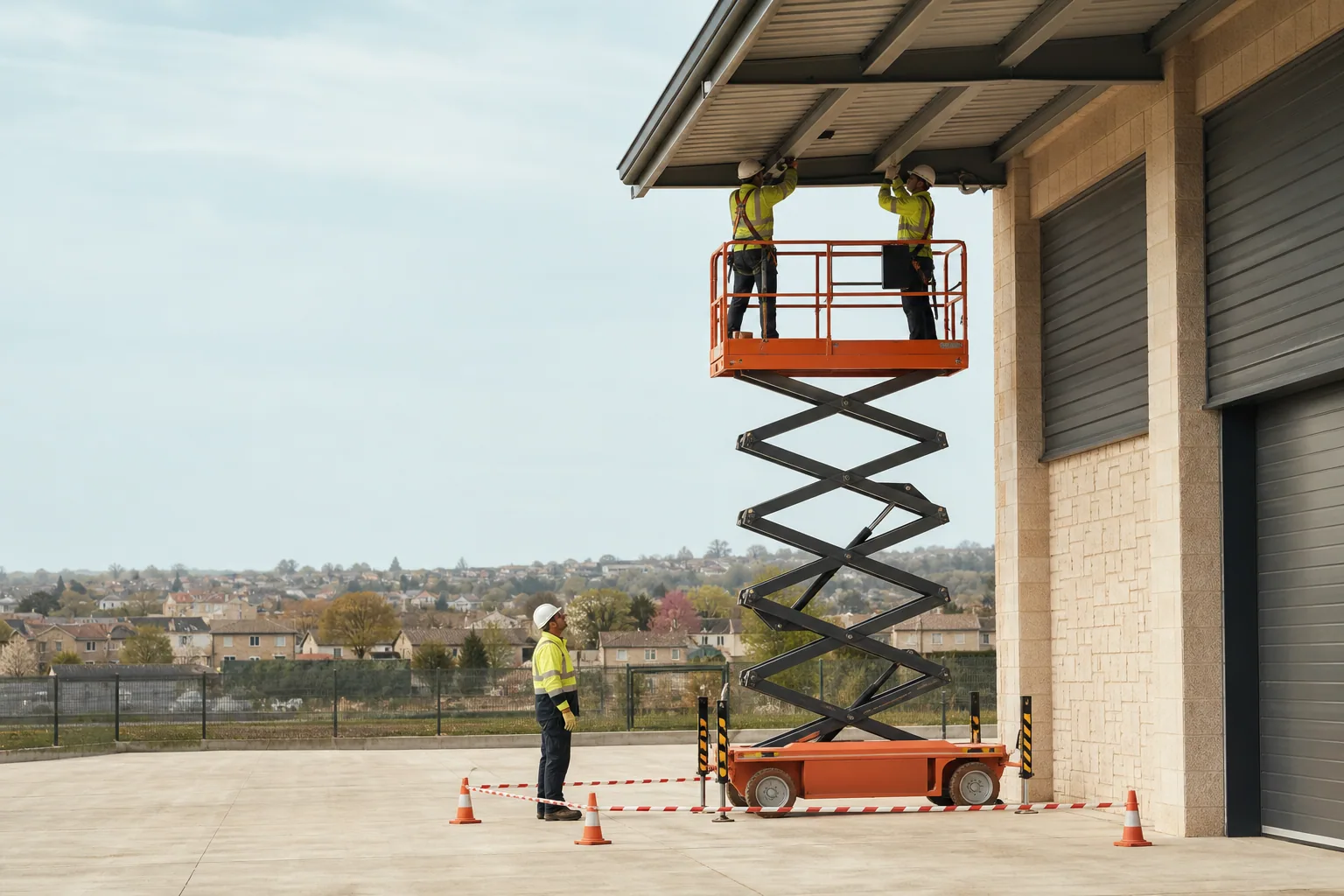 Une nacelle élévatrice orange intervient sur un bâtiment avec un technicien dans le panier et un opérateur au sol, dans le secteur de Nevers.