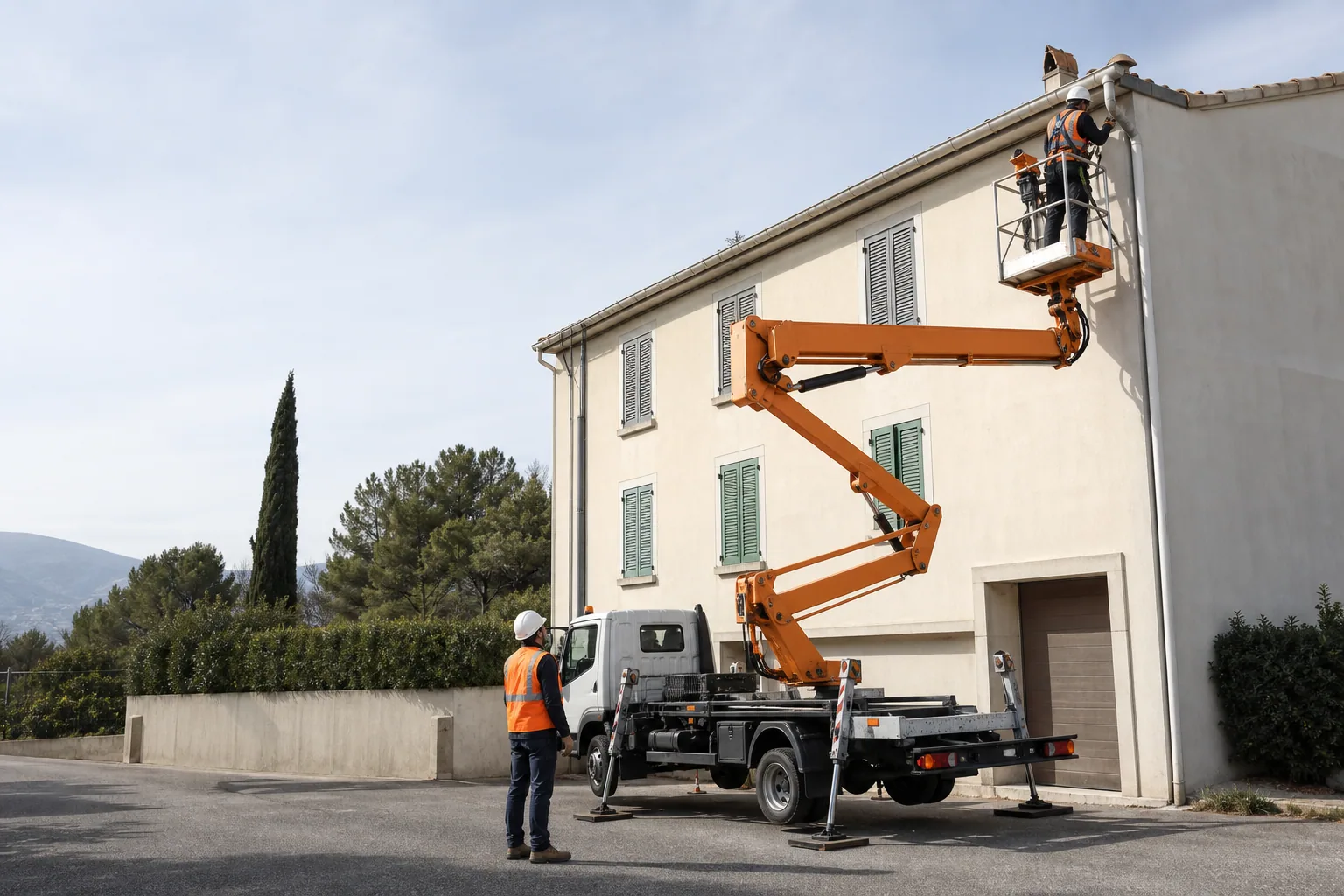 Une nacelle élévatrice orange intervient sur un bâtiment avec un technicien dans le panier et un opérateur au sol, dans le secteur de Nice.