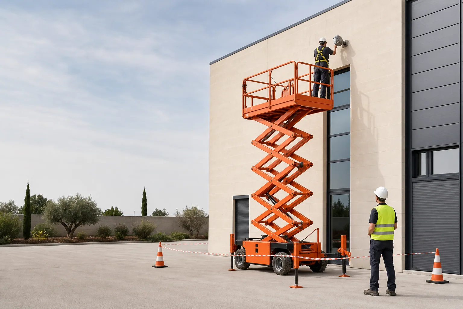 Une nacelle élévatrice orange intervient sur un bâtiment avec un technicien dans le panier et un opérateur au sol, dans le secteur de Nîmes.