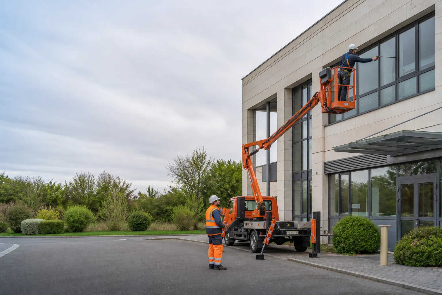 Une nacelle élévatrice orange intervient sur un bâtiment avec un technicien dans le panier et un opérateur au sol, dans le secteur de Niort.