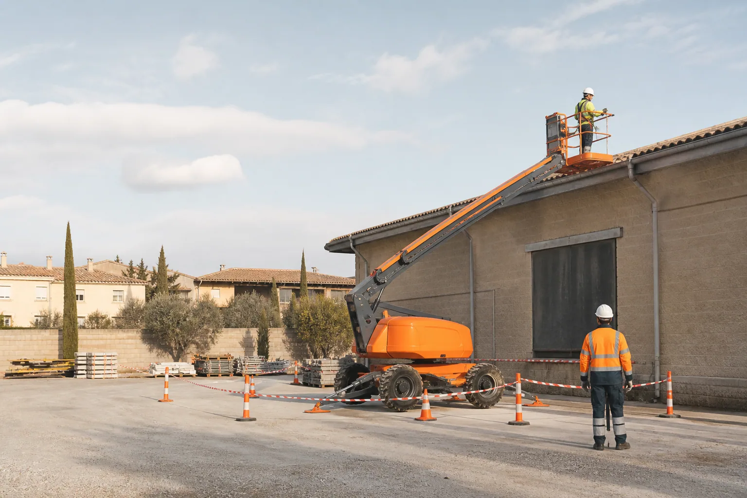 Une nacelle élévatrice orange intervient sur un bâtiment avec un technicien dans le panier et un opérateur au sol, dans le secteur de Orange.