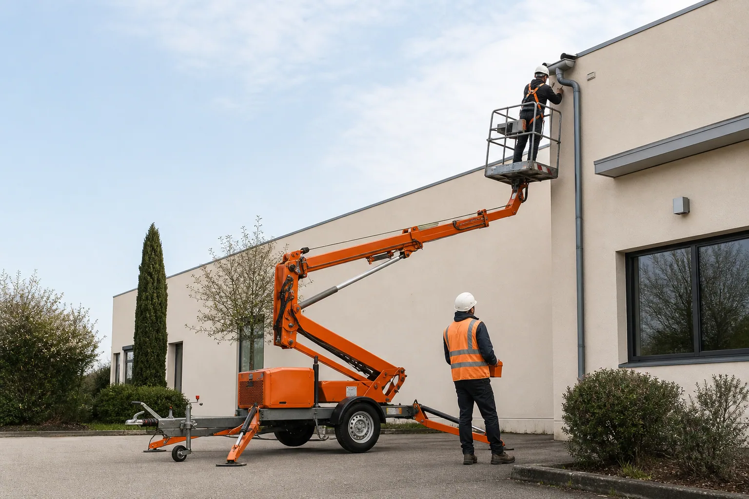 Une nacelle élévatrice orange intervient sur un bâtiment avec un technicien dans le panier et un opérateur au sol, dans le secteur de Orléans.