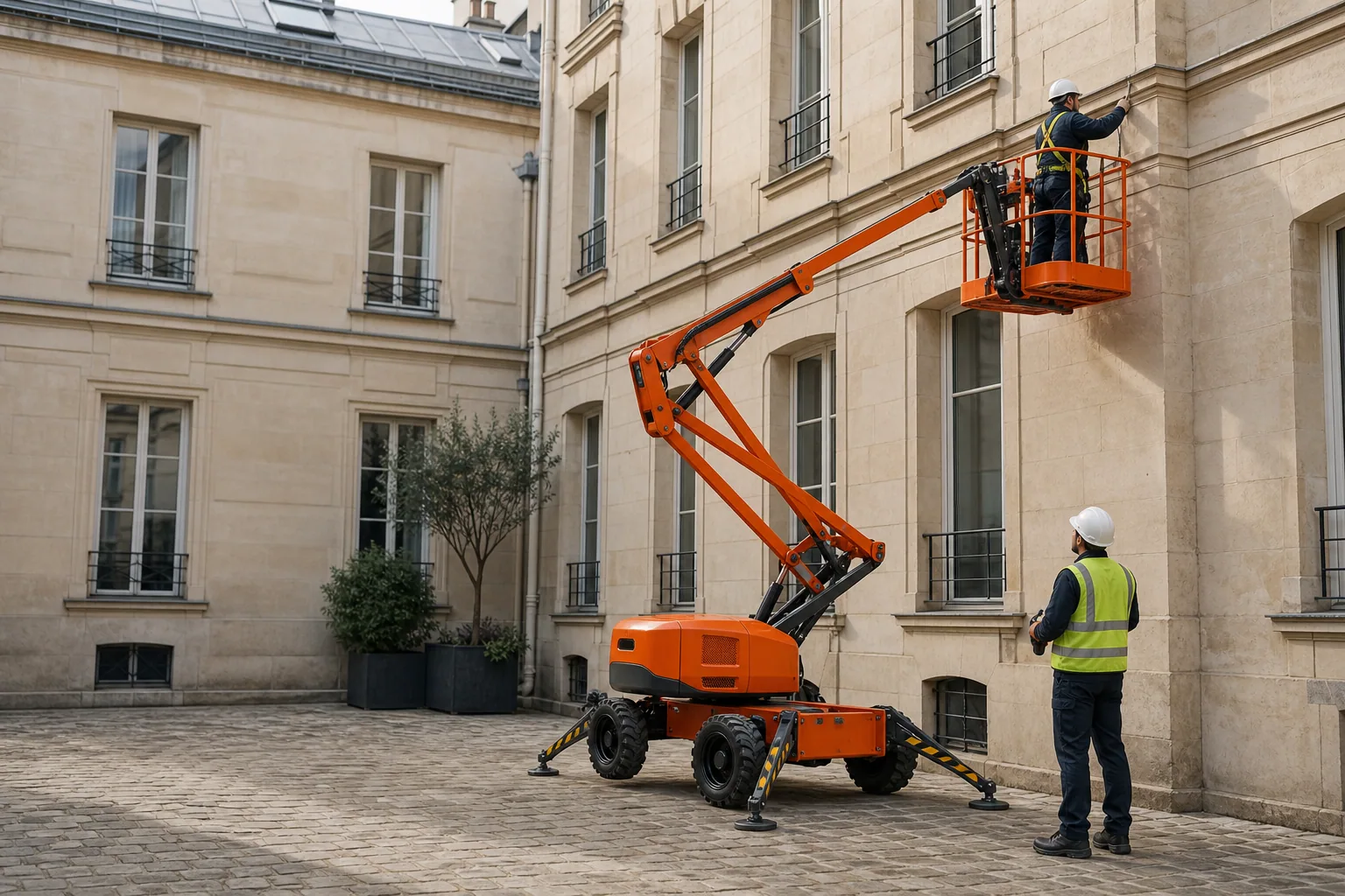 Une nacelle élévatrice orange intervient sur un bâtiment avec un technicien dans le panier et un opérateur au sol, dans le secteur de Paris.