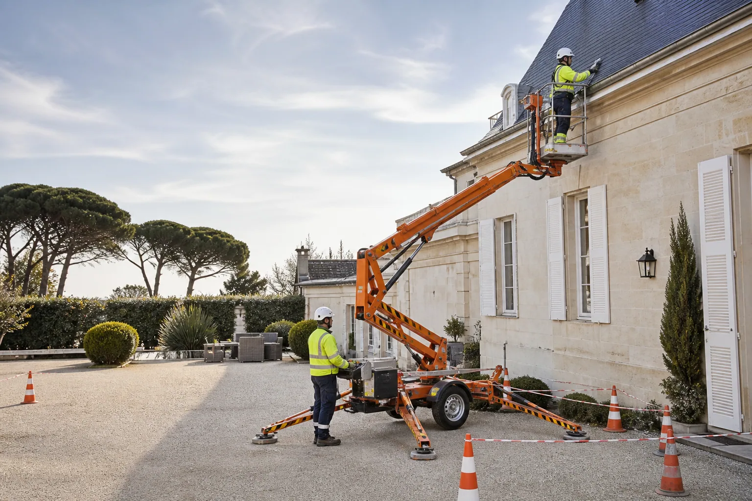 Une nacelle élévatrice orange intervient sur un bâtiment avec un technicien dans le panier et un opérateur au sol, dans le secteur de Pau.