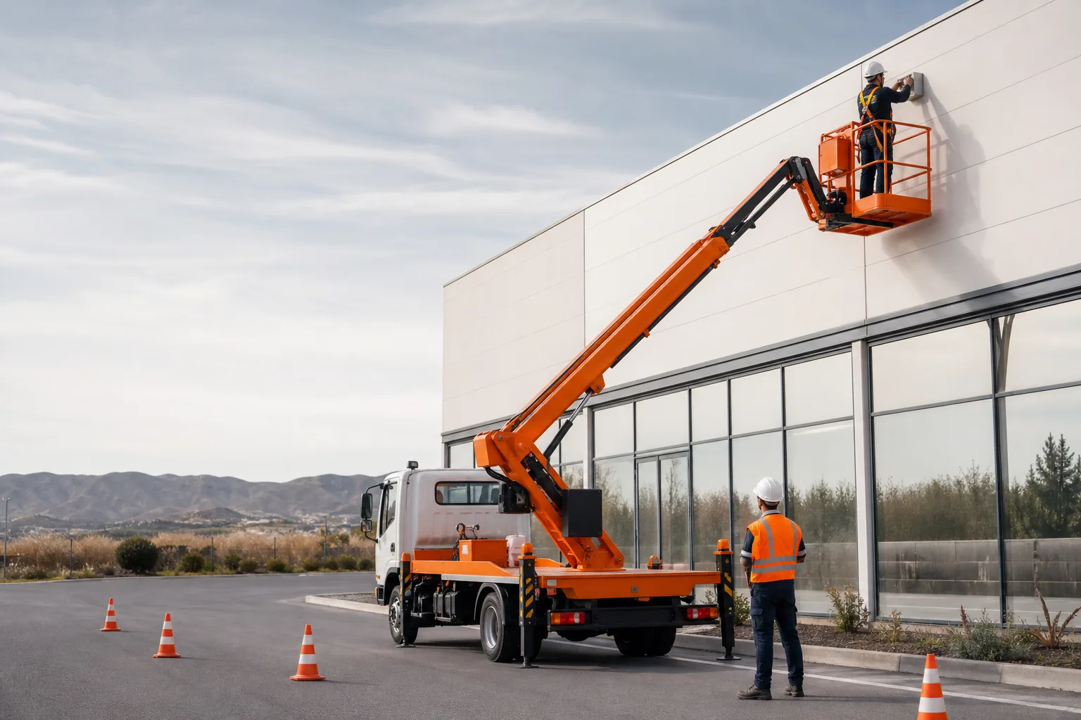 Une nacelle élévatrice orange intervient sur un bâtiment avec un technicien dans le panier et un opérateur au sol, dans le secteur de Perpignan.