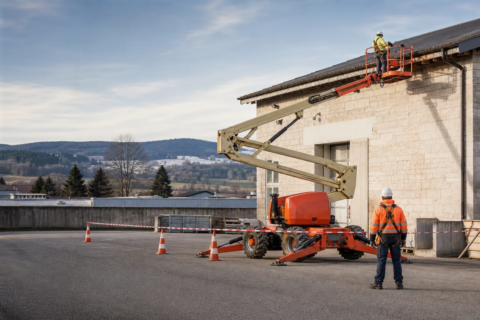 Une nacelle élévatrice orange intervient sur un bâtiment avec un technicien dans le panier et un opérateur au sol, dans le secteur de Pontarlier.