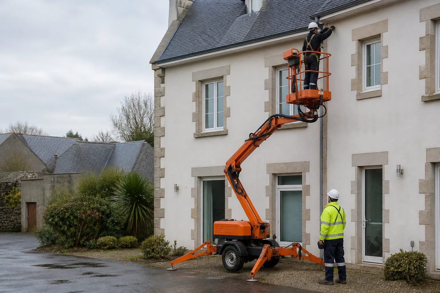 Une nacelle élévatrice orange intervient sur un bâtiment avec un technicien dans le panier et un opérateur au sol, dans le secteur de Quimper.