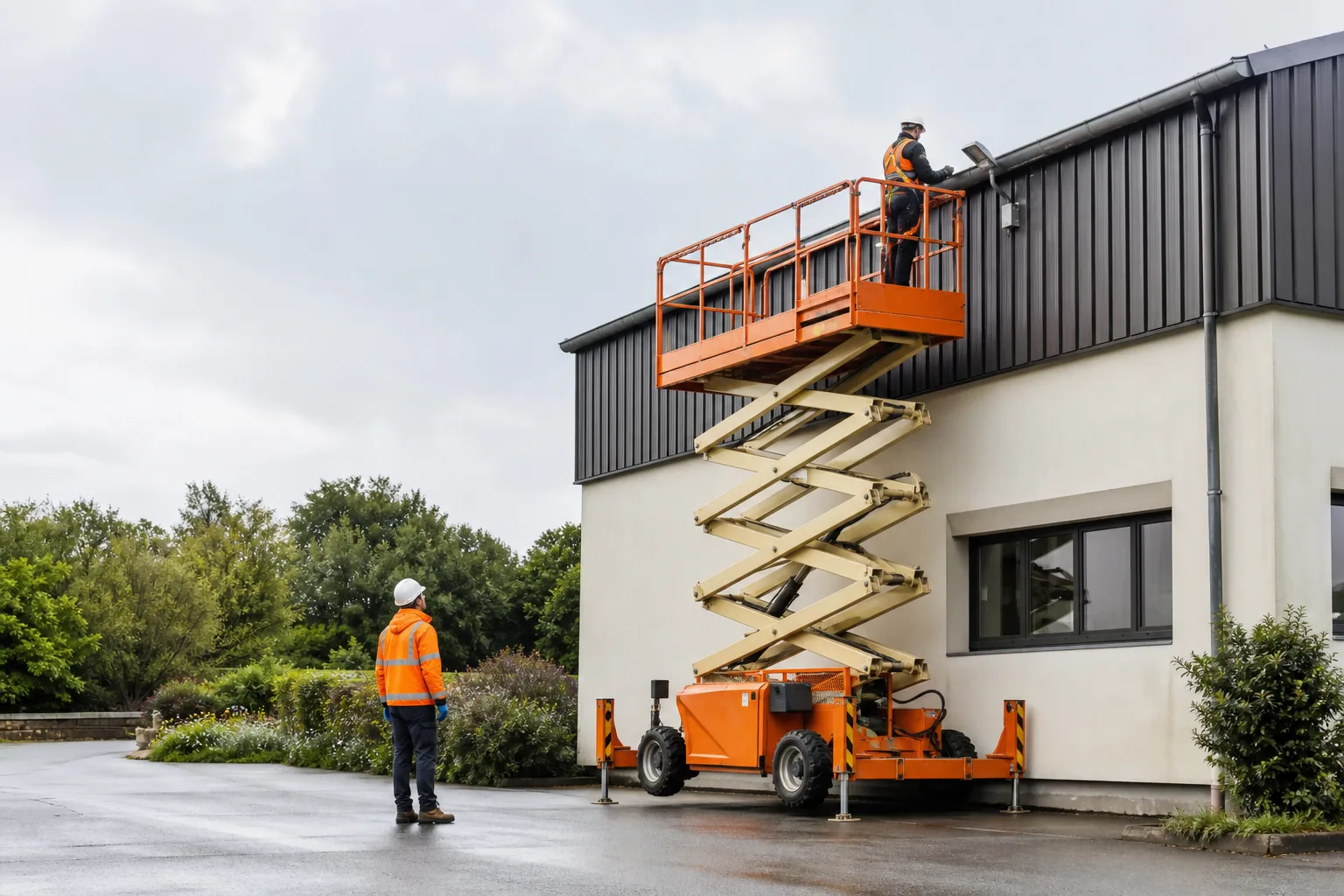 Une nacelle élévatrice orange intervient sur un bâtiment avec un technicien dans le panier et un opérateur au sol, dans le secteur de Rennes.