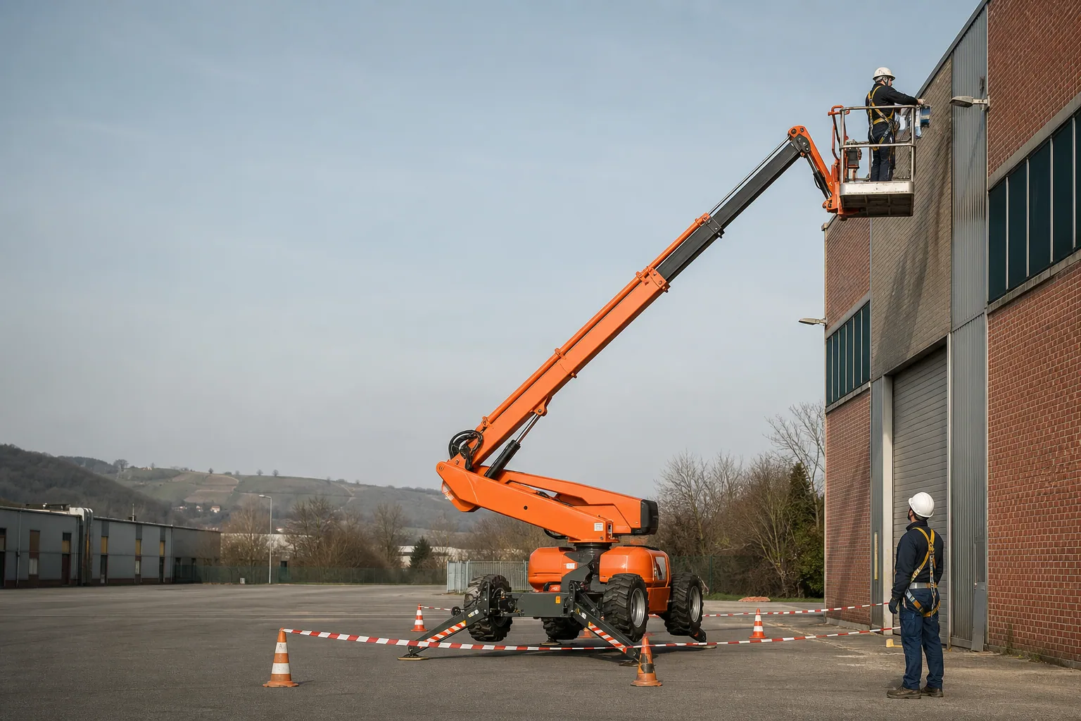 Une nacelle élévatrice orange intervient sur un bâtiment avec un technicien dans le panier et un opérateur au sol, dans le secteur de Roanne.