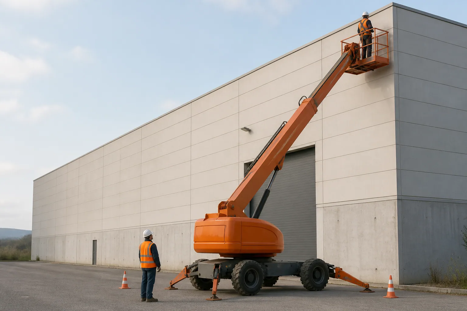 Une nacelle élévatrice orange intervient sur un bâtiment avec un technicien dans le panier et un opérateur au sol, dans le secteur de Romans-sur-Isère.