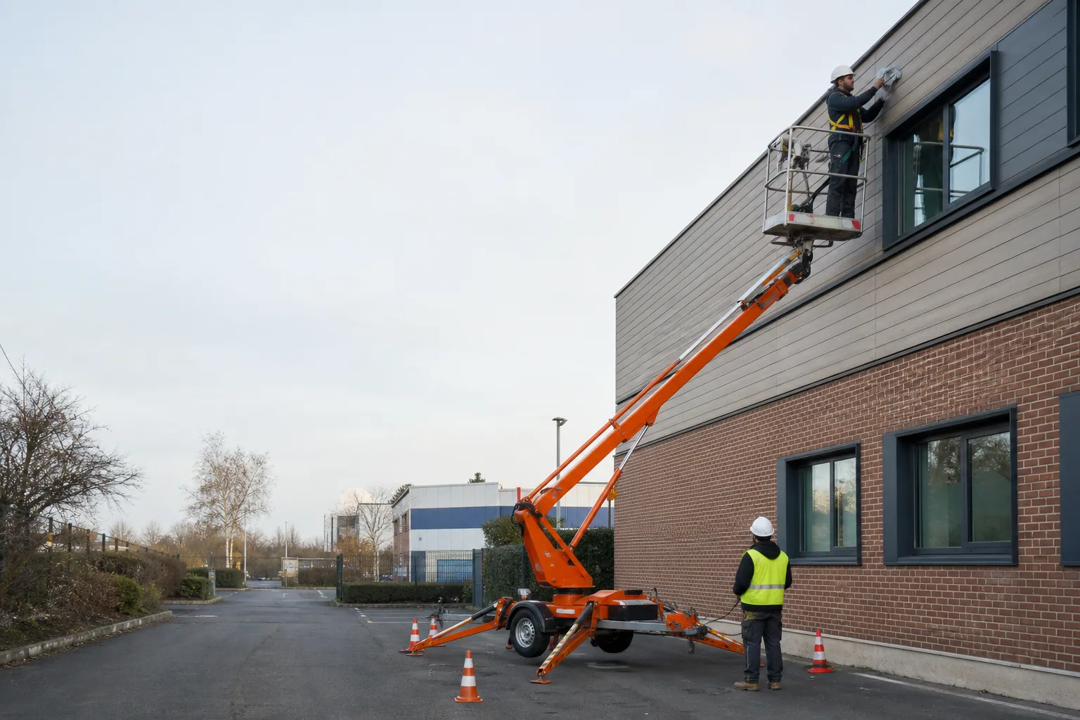 Une nacelle élévatrice orange intervient sur un bâtiment avec un technicien dans le panier et un opérateur au sol, dans le secteur de Rouen.