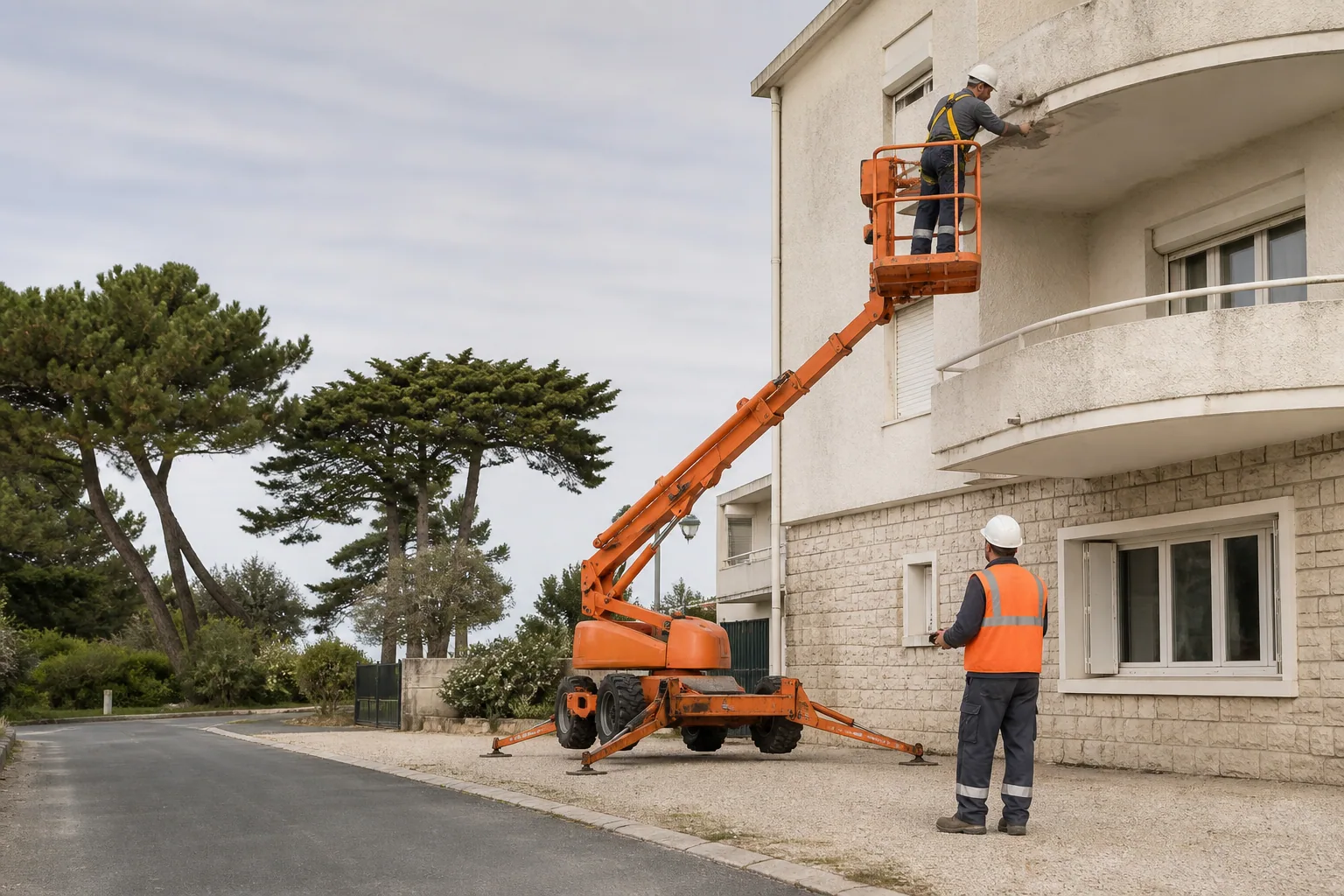 Une nacelle élévatrice orange intervient sur un bâtiment avec un technicien dans le panier et un opérateur au sol, dans le secteur de Royan.