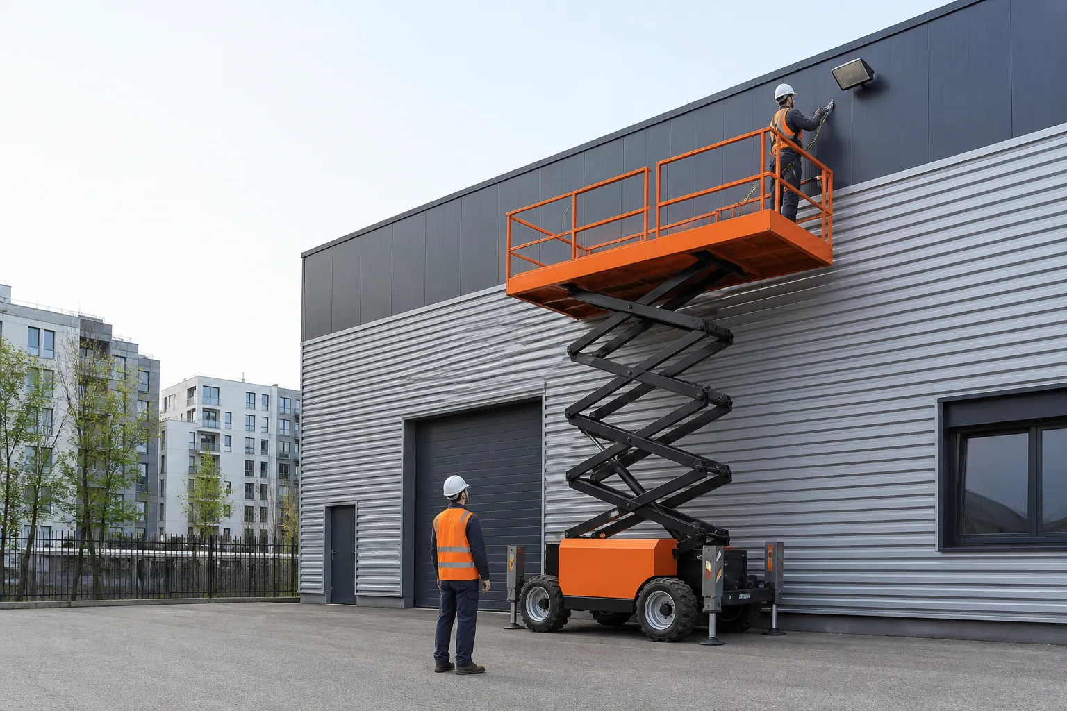 Une nacelle élévatrice orange intervient sur un bâtiment avec un technicien dans le panier et un opérateur au sol, dans le secteur de Saint-Denis.