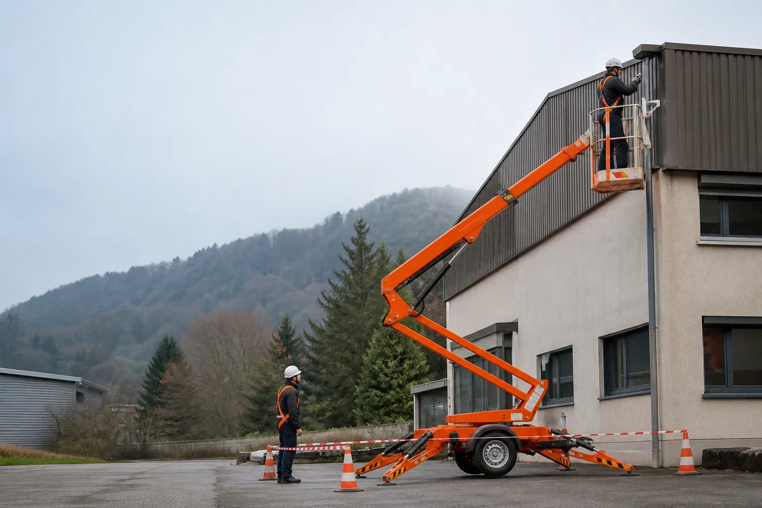 Une nacelle élévatrice orange intervient sur un bâtiment avec un technicien dans le panier et un opérateur au sol, dans le secteur de Saint-Dié-des-Vosges.
