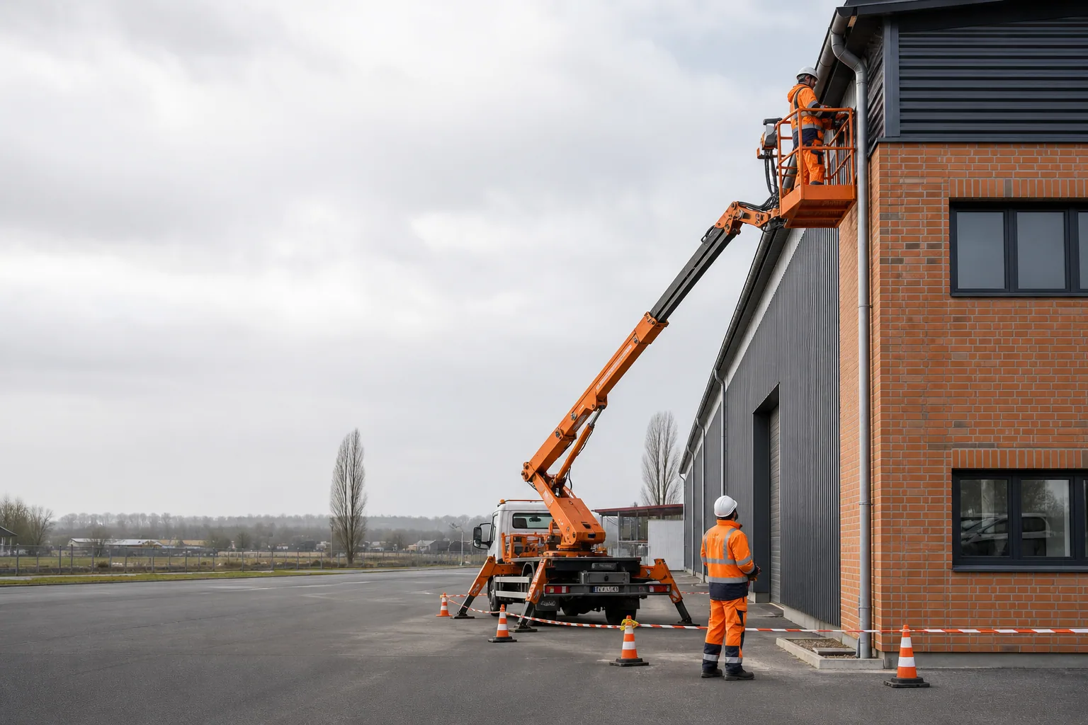 Une nacelle élévatrice orange intervient sur un bâtiment avec un technicien dans le panier et un opérateur au sol, dans le secteur de Saint-Dizier.