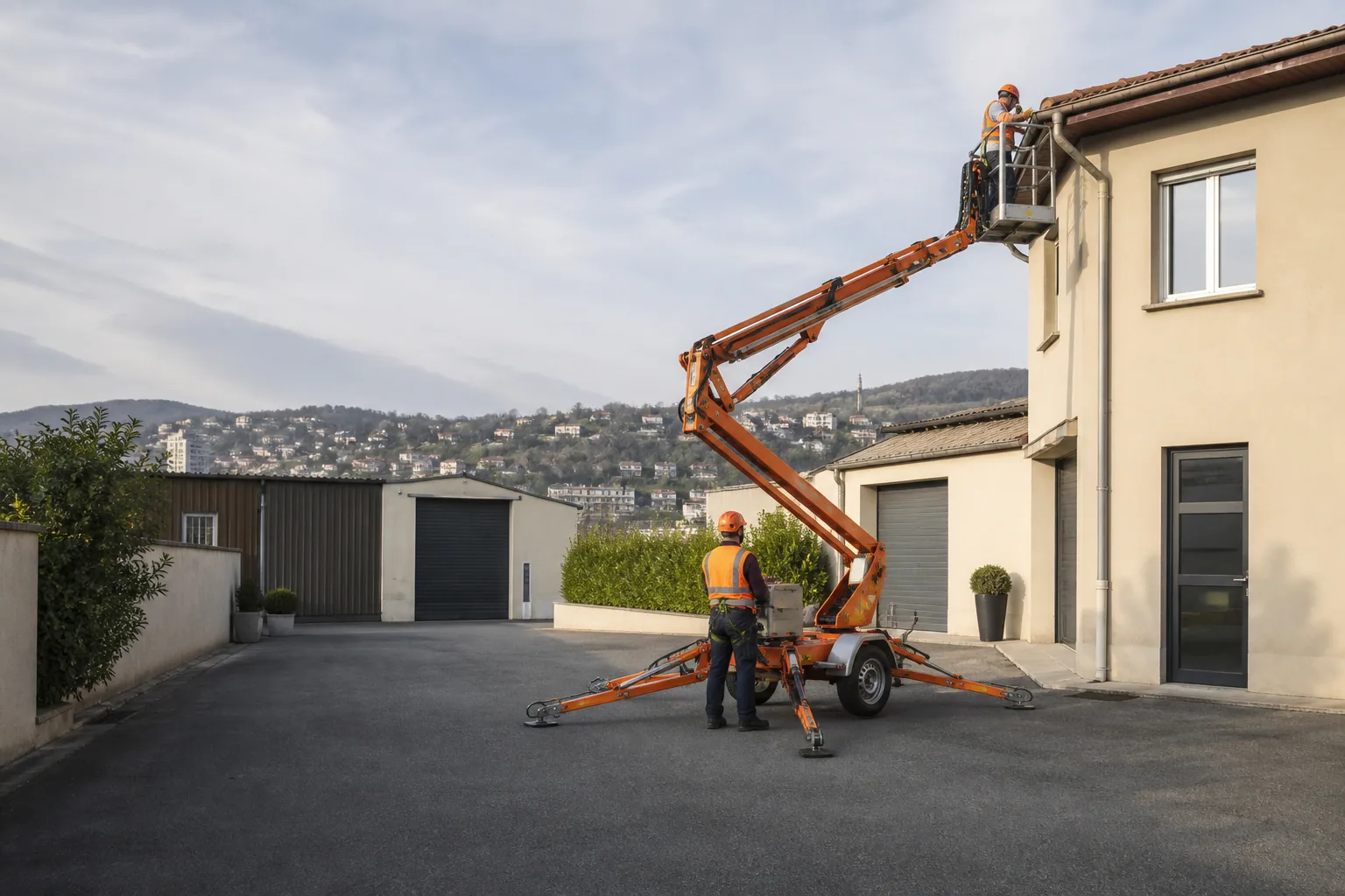 Une nacelle élévatrice orange intervient sur un bâtiment avec un technicien dans le panier et un opérateur au sol, dans le secteur de Saint-Étienne.