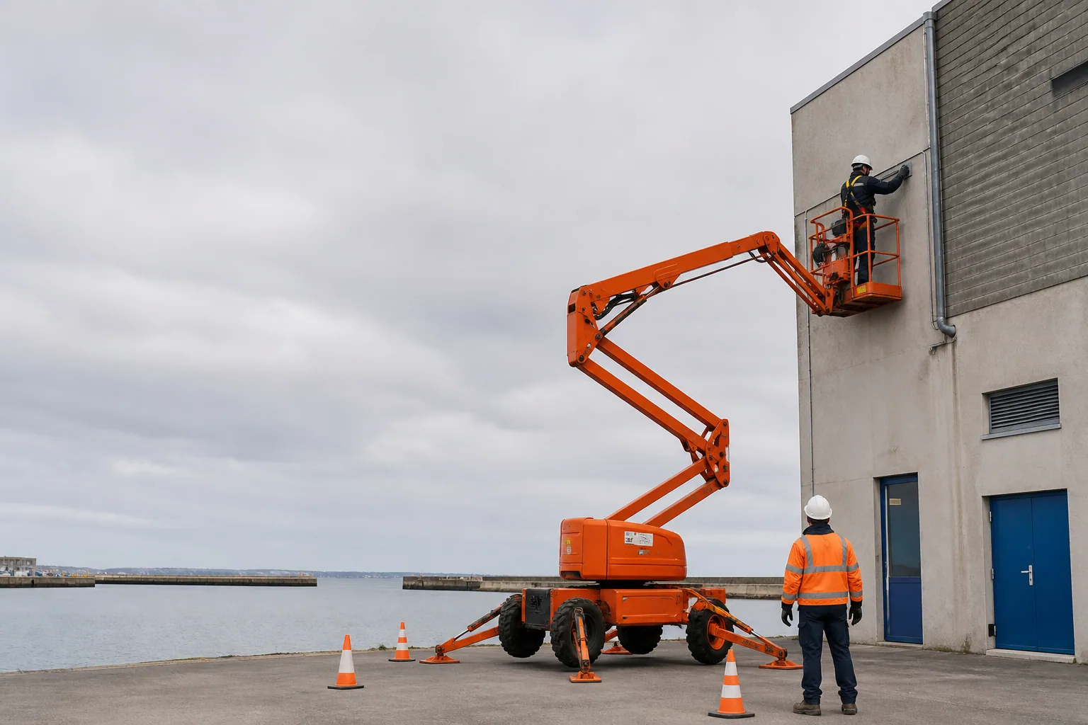 Une nacelle élévatrice orange intervient sur un bâtiment avec un technicien dans le panier et un opérateur au sol, dans le secteur de Saint-Malo.