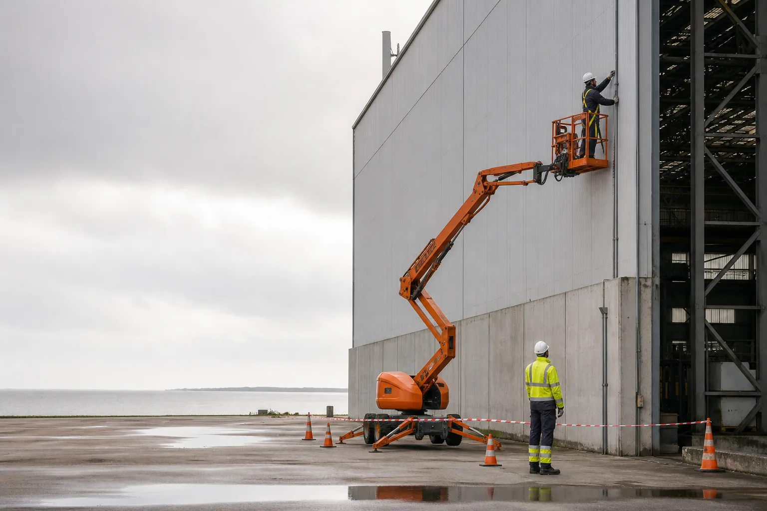Une nacelle élévatrice orange intervient sur un bâtiment avec un technicien dans le panier et un opérateur au sol, dans le secteur de Saint-Nazaire.