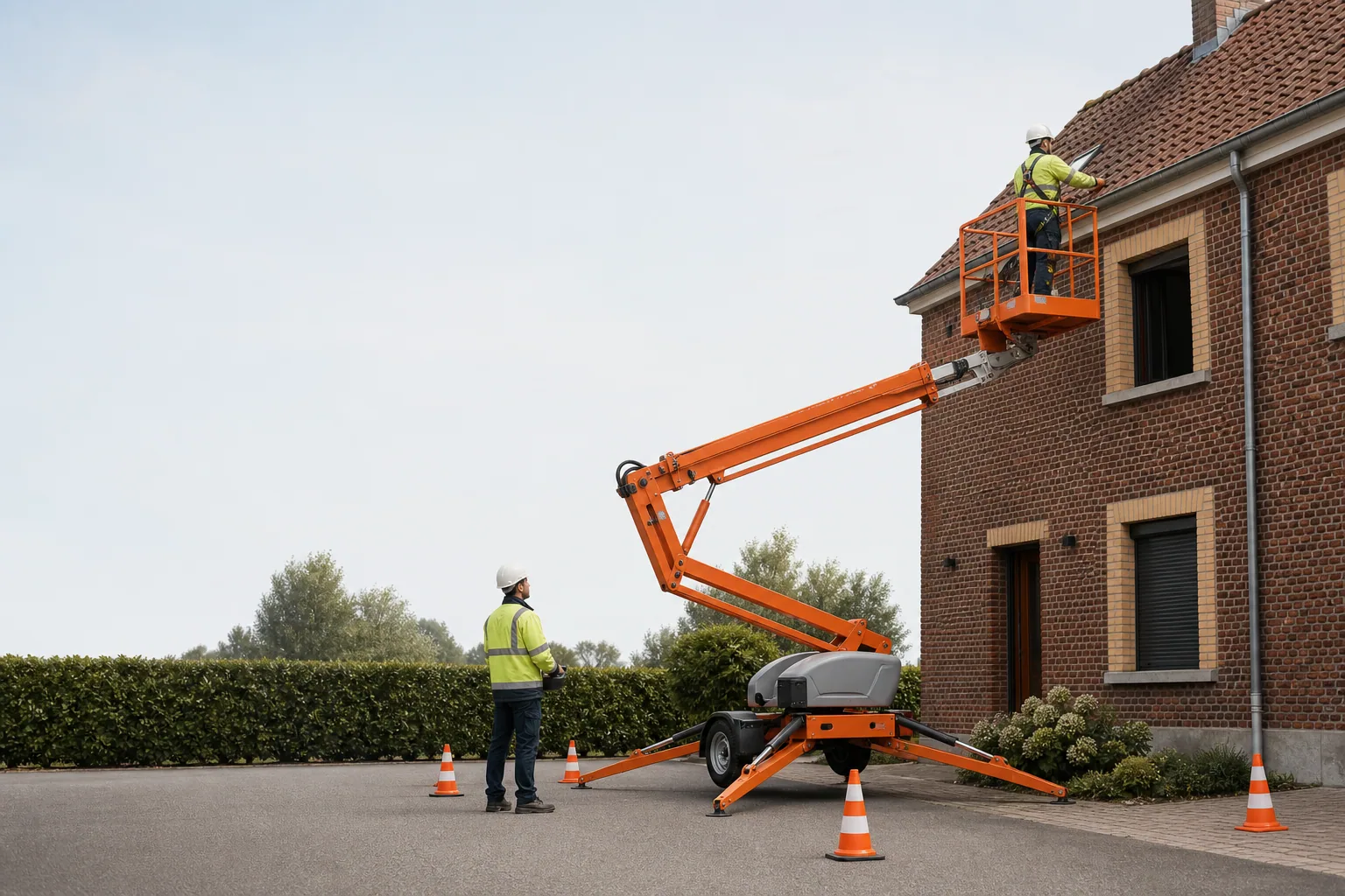 Une nacelle élévatrice orange intervient sur un bâtiment avec un technicien dans le panier et un opérateur au sol, dans le secteur de Saint-Omer.