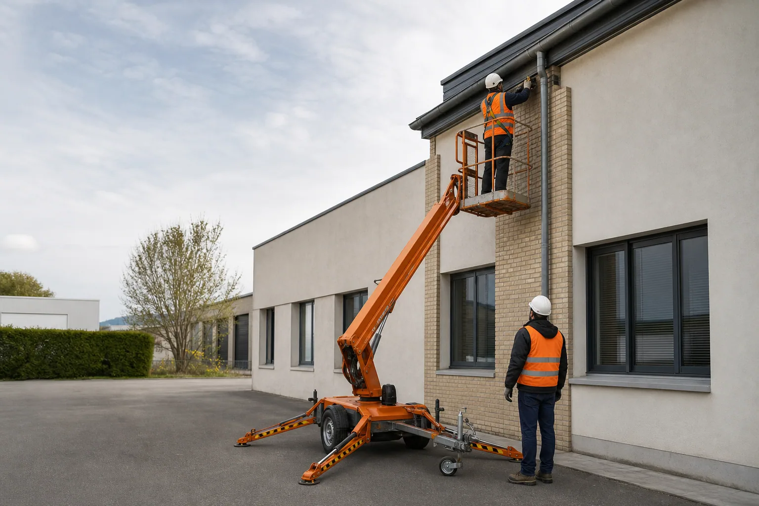 Une nacelle élévatrice orange intervient sur un bâtiment avec un technicien dans le panier et un opérateur au sol, dans le secteur de Saint-Quentin.