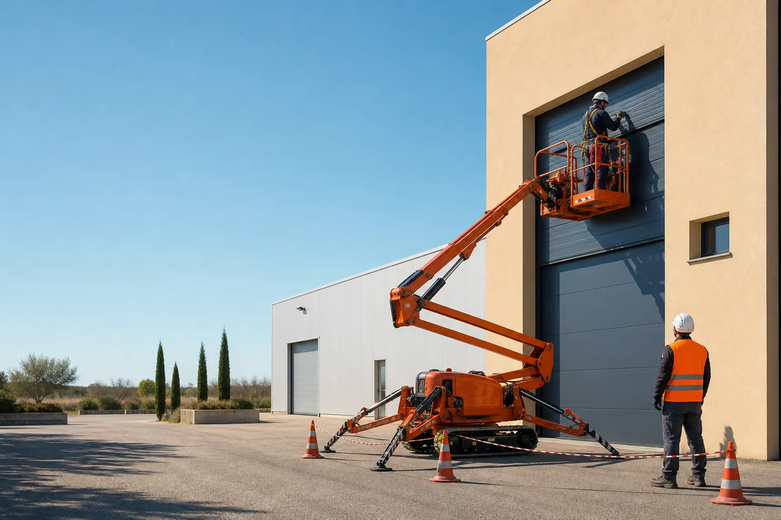 Une nacelle élévatrice orange intervient sur un bâtiment avec un technicien dans le panier et un opérateur au sol, dans le secteur de Salon-de-Provence.