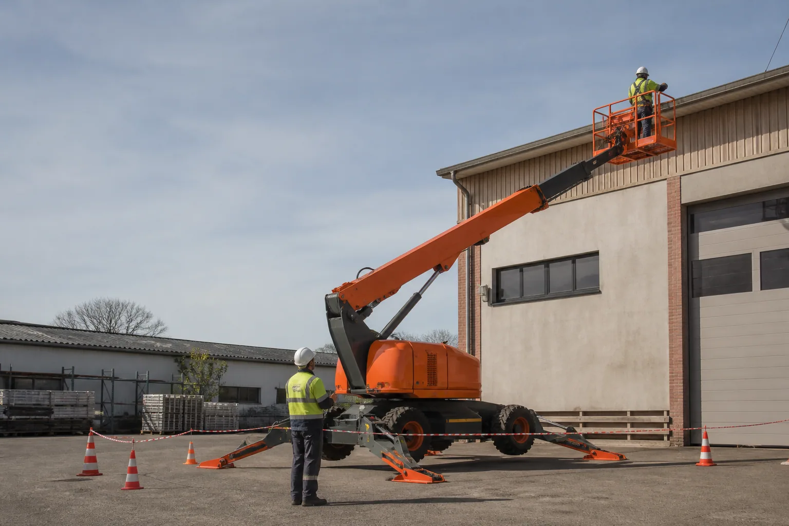 Une nacelle élévatrice orange intervient sur un bâtiment avec un technicien dans le panier et un opérateur au sol, dans le secteur de Sarreguemines.