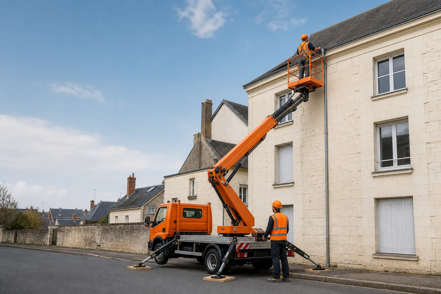 Une nacelle élévatrice orange intervient sur un bâtiment avec un technicien dans le panier et un opérateur au sol, dans le secteur de Saumur.