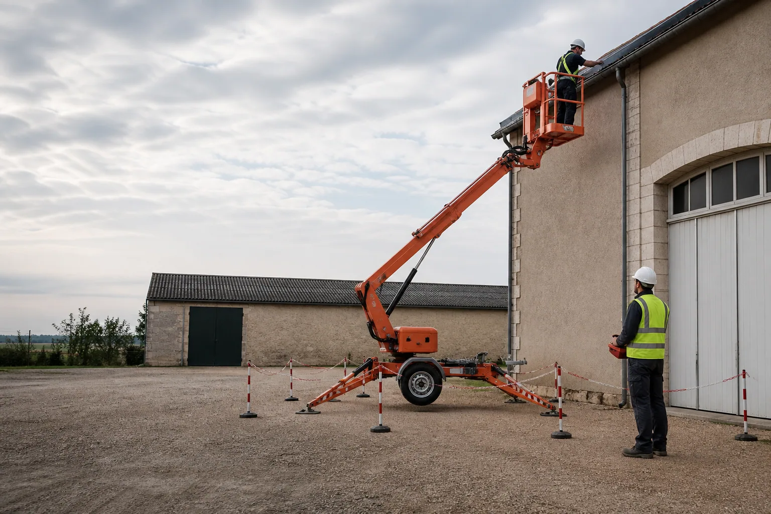 Une nacelle élévatrice orange intervient sur un bâtiment avec un technicien dans le panier et un opérateur au sol, dans le secteur de Sens.
