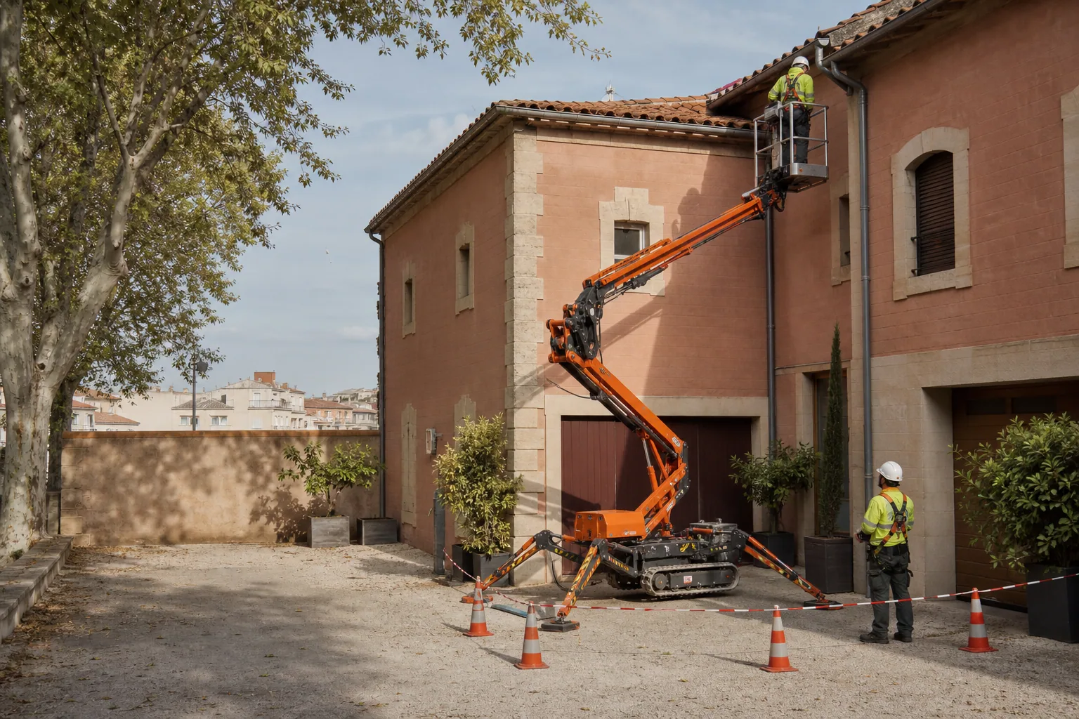 Une nacelle élévatrice orange intervient sur un bâtiment avec un technicien dans le panier et un opérateur au sol, dans le secteur de Sète.