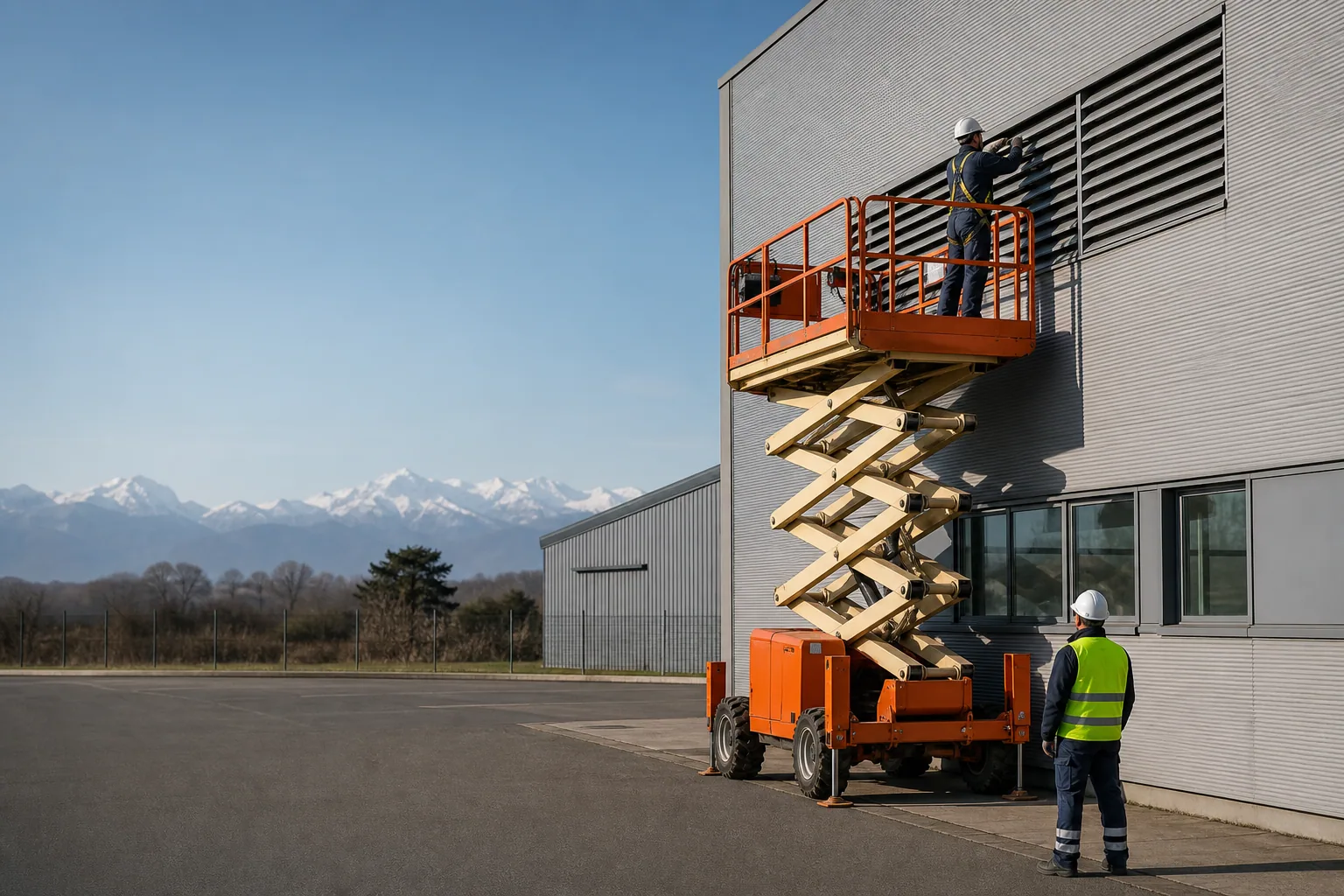 Une nacelle élévatrice orange intervient sur un bâtiment avec un technicien dans le panier et un opérateur au sol, dans le secteur de Tarbes.