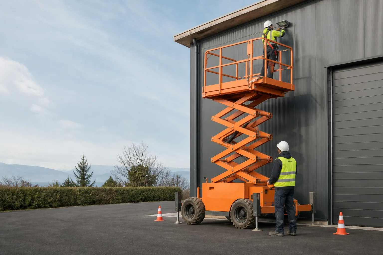 Une nacelle élévatrice orange intervient sur un bâtiment avec un technicien dans le panier et un opérateur au sol, dans le secteur de Thonon-les-Bains.