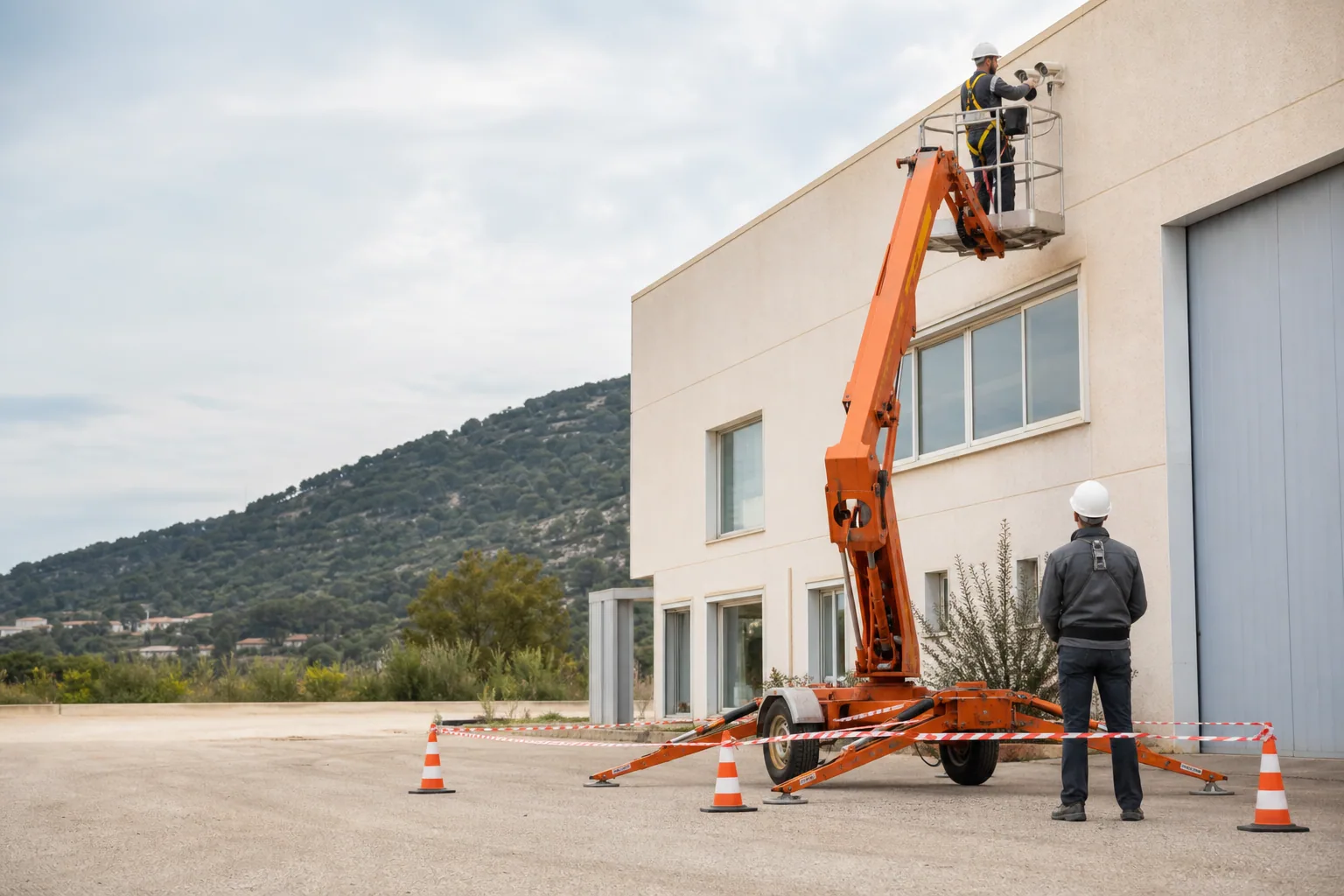 Une nacelle élévatrice orange intervient sur un bâtiment avec un technicien dans le panier et un opérateur au sol, dans le secteur de Toulon.